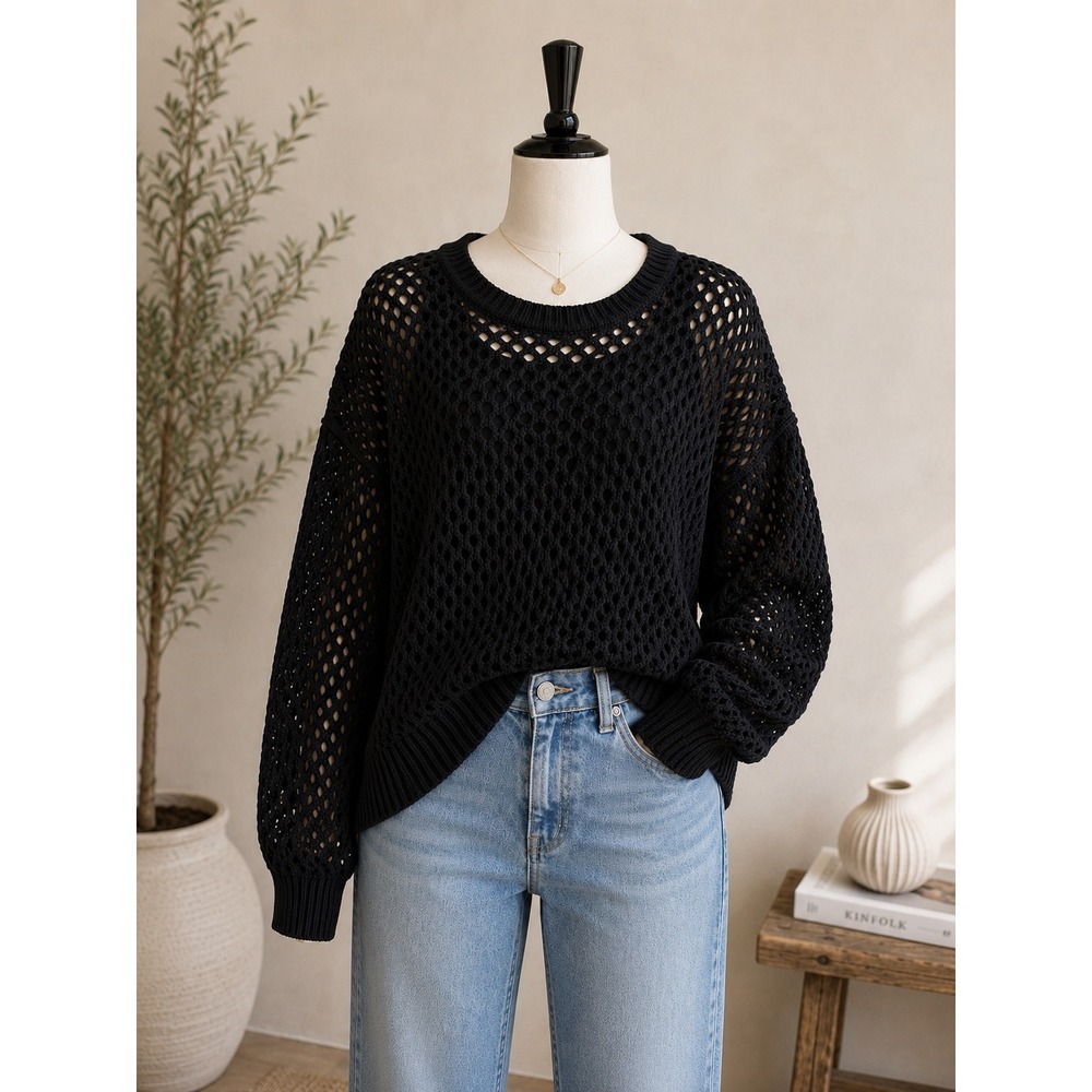 FCT WITH LOVE Black Open Knit Sweater Women Medium Long Sleeve Crew Neck Mesh